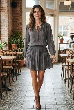 Vestique Charcoal Grey Long Sleeve Tie Neck Smocked Mini Dress Size L